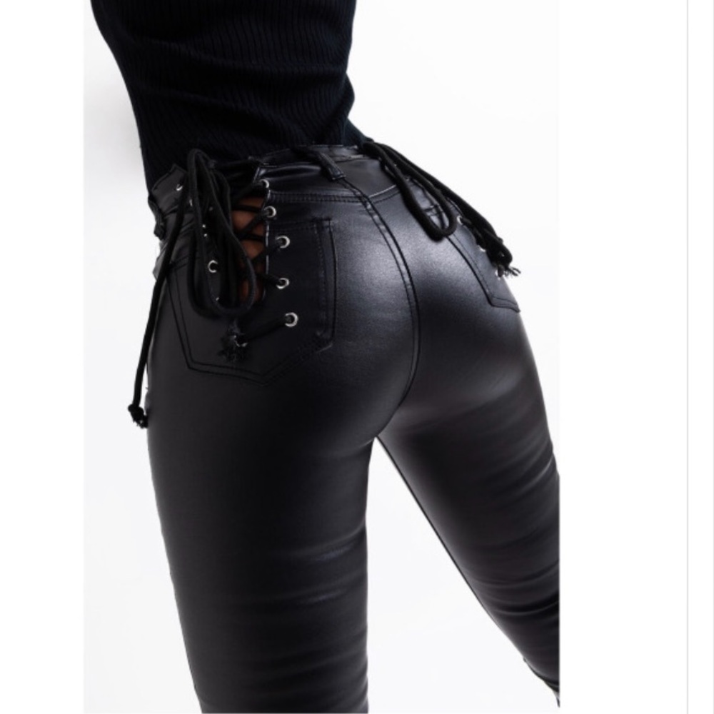 AKIRA FAUX LEATHER LACE UP SKINNY PANTS WITH 4 WAY STRETCH